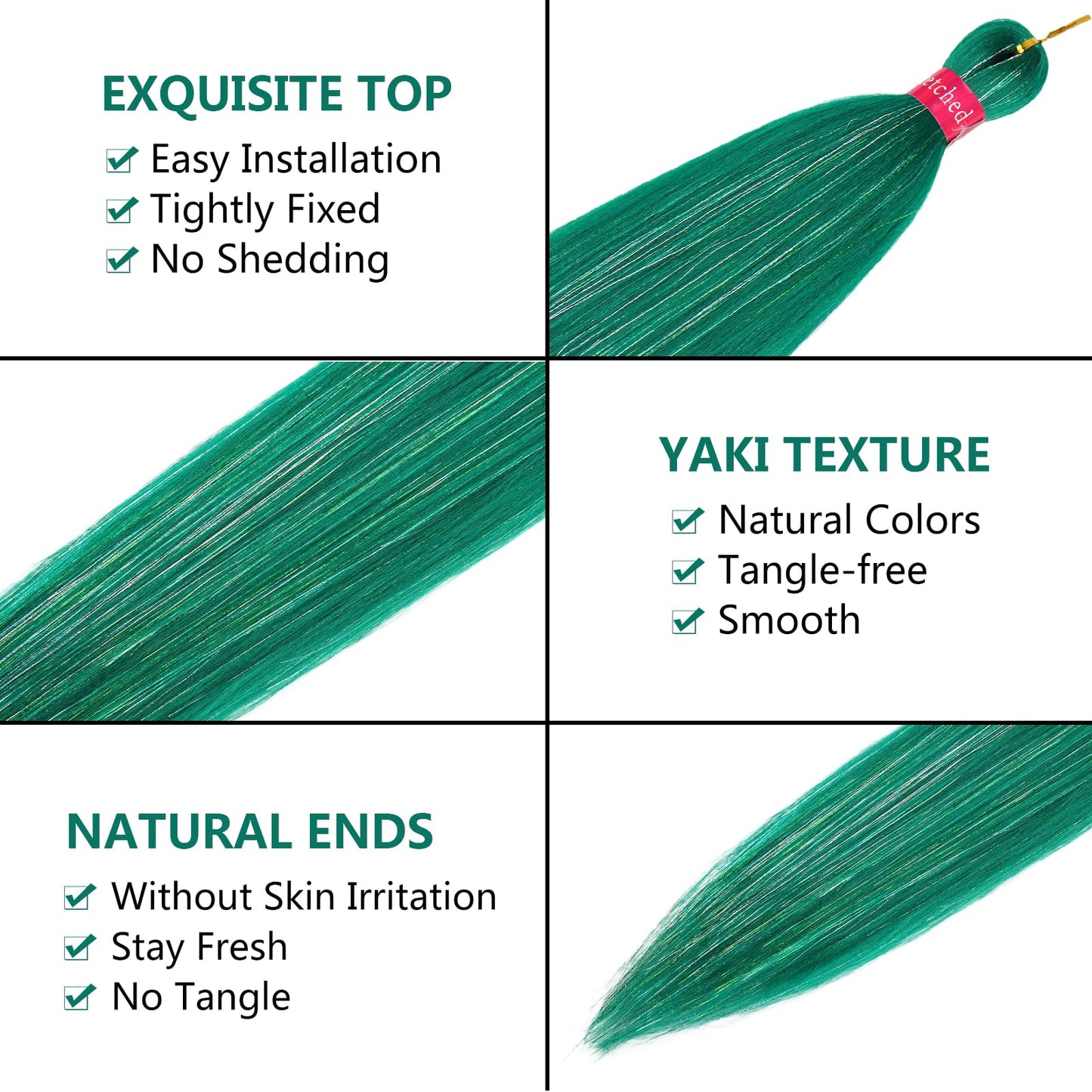 Green with Tinsel Braiding Hair Pre Stretched 2 Packs 26 Inches Box Braids Hair Extensions Synthetic Pre Stretched Braiding Hair