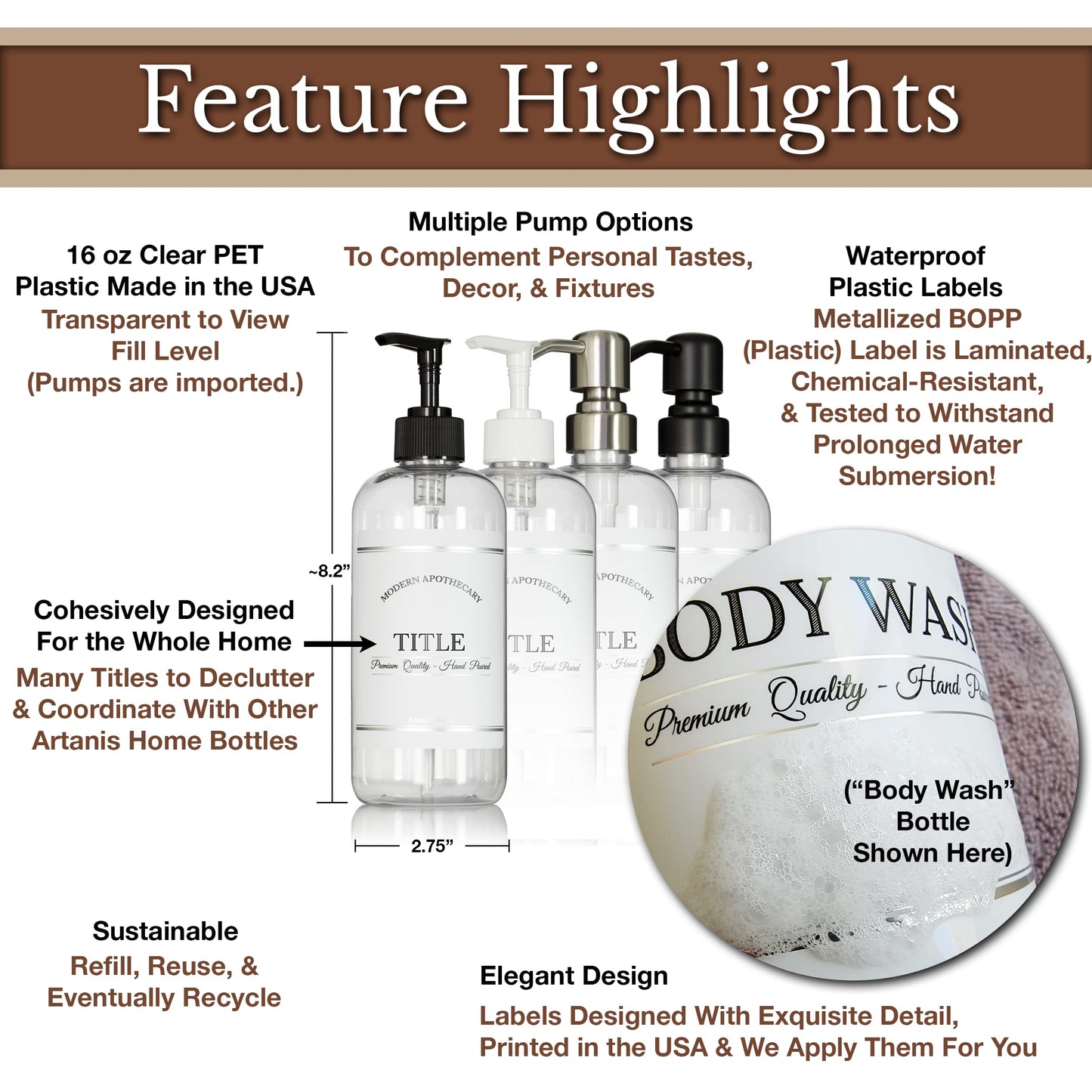 Clear Refillable Shampoo and Conditioner Bottles - Body Wash, Shampoo and Conditioner Dispenser - PET Plastic Shampoo Bottles Refillable with Pump - Waterproof Labels - 16 oz, 3 Pack (White Plastic)