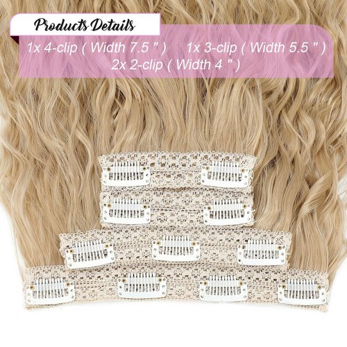 MORICHY Blonde Hair Extensions Clip in curly hair clip in extensions Wavy Seamless Clip in Hair Extensions 16'' Mermaid Waves 4PCS Synthetic Hair Pieces for Women（Light Golden Blonde）