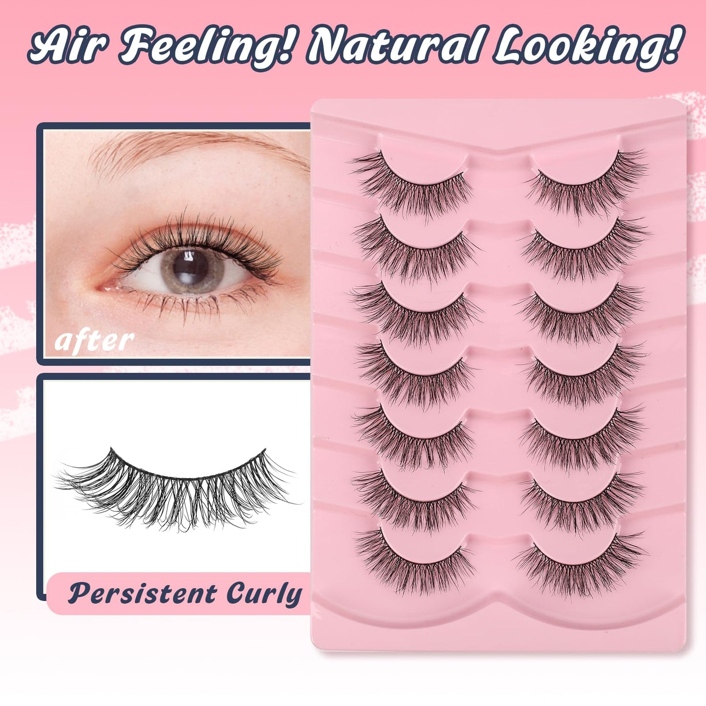 Lashes Wispy Eyelashes Natural Look 15mm Cat Eye Lashes Natural C Curl Soft Strip Lashes Fake Eyelashes 3D Volume Eye Lashes Pack 7 Pair Siligli Lash Eyelash