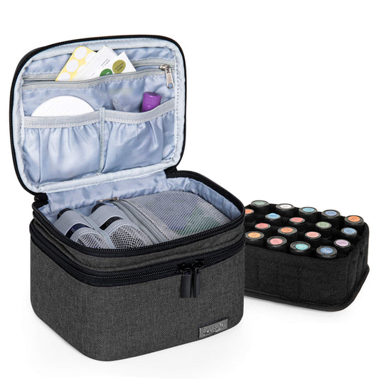 LUXJA Essential Oils Bag - Holds 20 Bottles (5ml-30ml, Also Fits for Roller Bottles), Double-Layer Organizer for Essential Oil and Accessories, Black