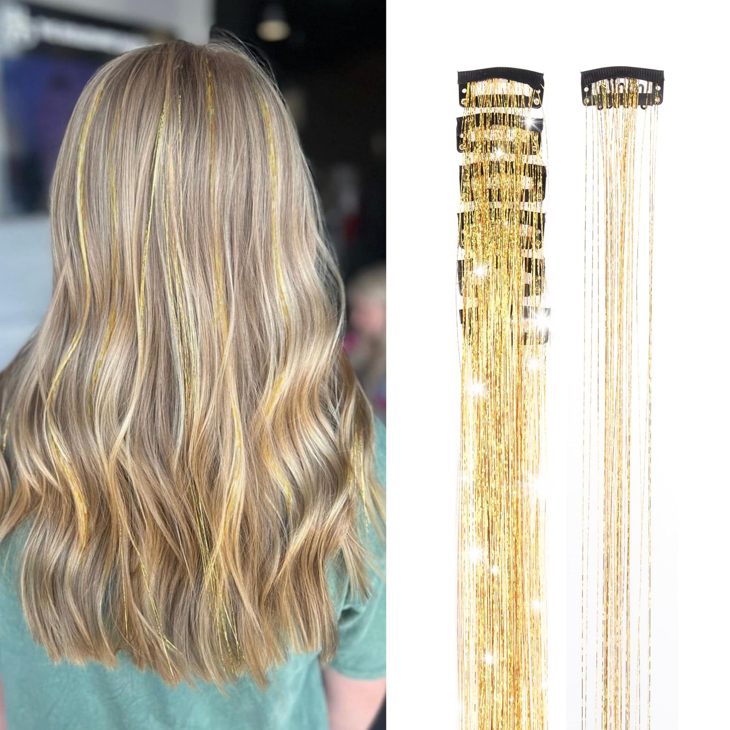 GOO GOO Clip in Hair Tinsel 24 Inch-6pcs Gold Fairy Glitter, Heat Resistant Clip-In Sparkle Strands, Dazzling Glitter Tinsel for Women & Girls, Perfect for Parties, Christmas, New Year, Halloween