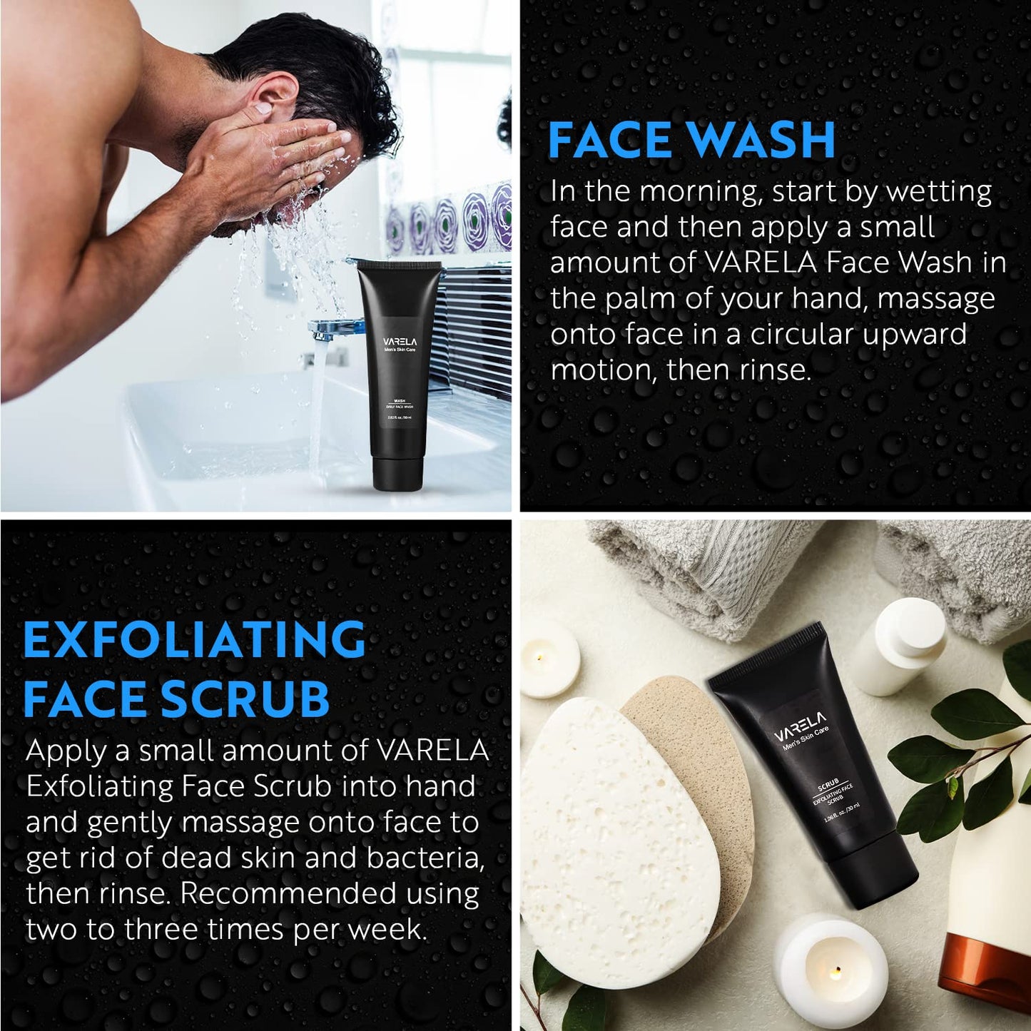 VARELA - Premium Men's 4pc Skin Care Set | Men's Face Scrub | Men's Morning Moisturizer with SPF20 and Men's Evening Moisturizer | Men's Face Cleanser | 1 Month Supply
