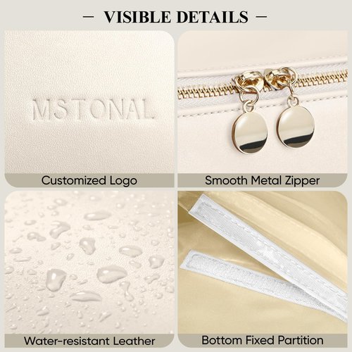 MSTONAL Travel Makeup Bag, Large Capacity Cosmetic Bags for Women, Waterproof Portable Pouch Open Flat Make up Organizer Bag with Dividers and Handle, Toiletry Bag for Essentials, Medium Size, Beige