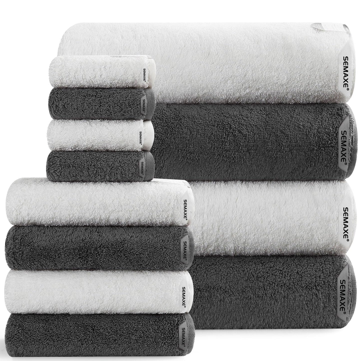SEMAXE 12-Piece Mixed Color Towel Set (White, Grey) - 100% Cotton, Lightweight, Absorbent, Quick-Drying Bathroom Towel, Ideal for Couples and Gifts, Bath Towel, Hand Towel, and Washcloth Per Color