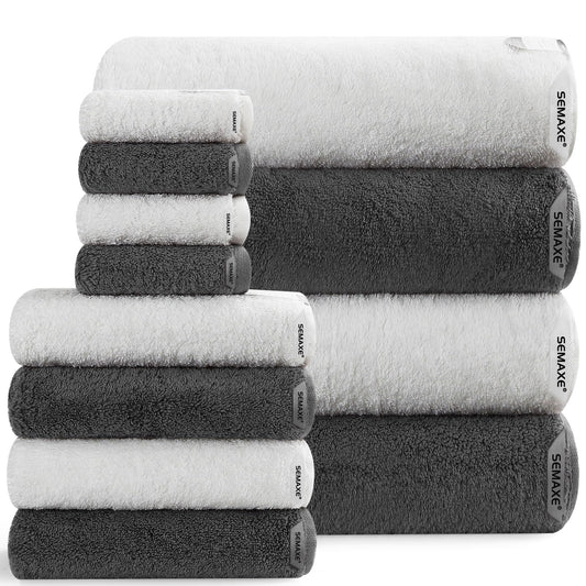 SEMAXE 12-Piece Mixed Color Towel Set (White, Grey) - 100% Cotton, Lightweight, Absorbent, Quick-Drying Bathroom Towel, Ideal for Couples and Gifts, Bath Towel, Hand Towel, and Washcloth Per Color