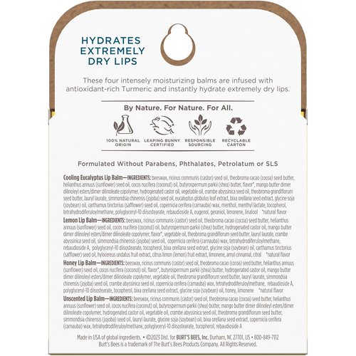 Burt's Bees Natural Rescue Lip Balm - Cooling Eucalyptus & Lemon | 4 Tubes, Perfect for Hydration