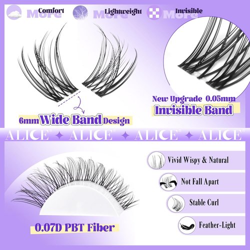 ALICE Natural Lash Clusters | Waterproof Invisible Band Eyelash Extensions 8-16mm Wispy Lashes