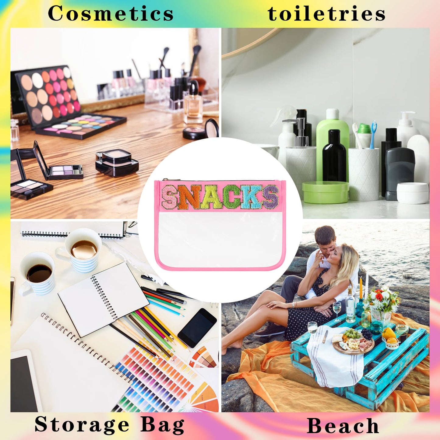 DYSHAYEN Snack Bag for Travel,Chenille Letter Clear Zipper Pouch,Nylon Clear Cosmetic Bag,Preppy Makeup Travel Bag for Women (Pink-Snacks)