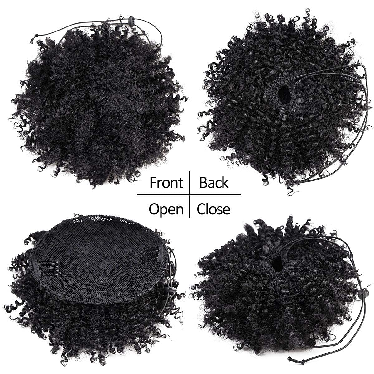 YIBANG 2Pcs Afro Puff Drawstring Ponytail Short Kinky Curly Fluffy Afro Bun Wrap-Wig Around with 2 Clips Ombre Color Hair Puff Synthetic Hairpiece for black women(Black)