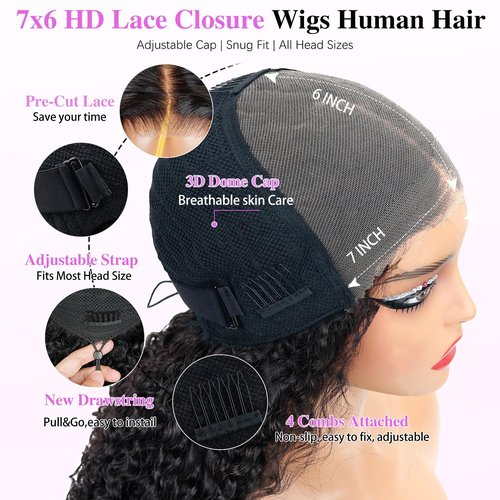 Liqusee 7x6 Burmese Curly Glueless Wigs Human Hair Pre Plucked Pre Cut 250% Density Drawstring Wig for Black Women 7x6 HD Lace Front Wigs Human Hair Glueless Wear and Go Nautural Color 24 Inch