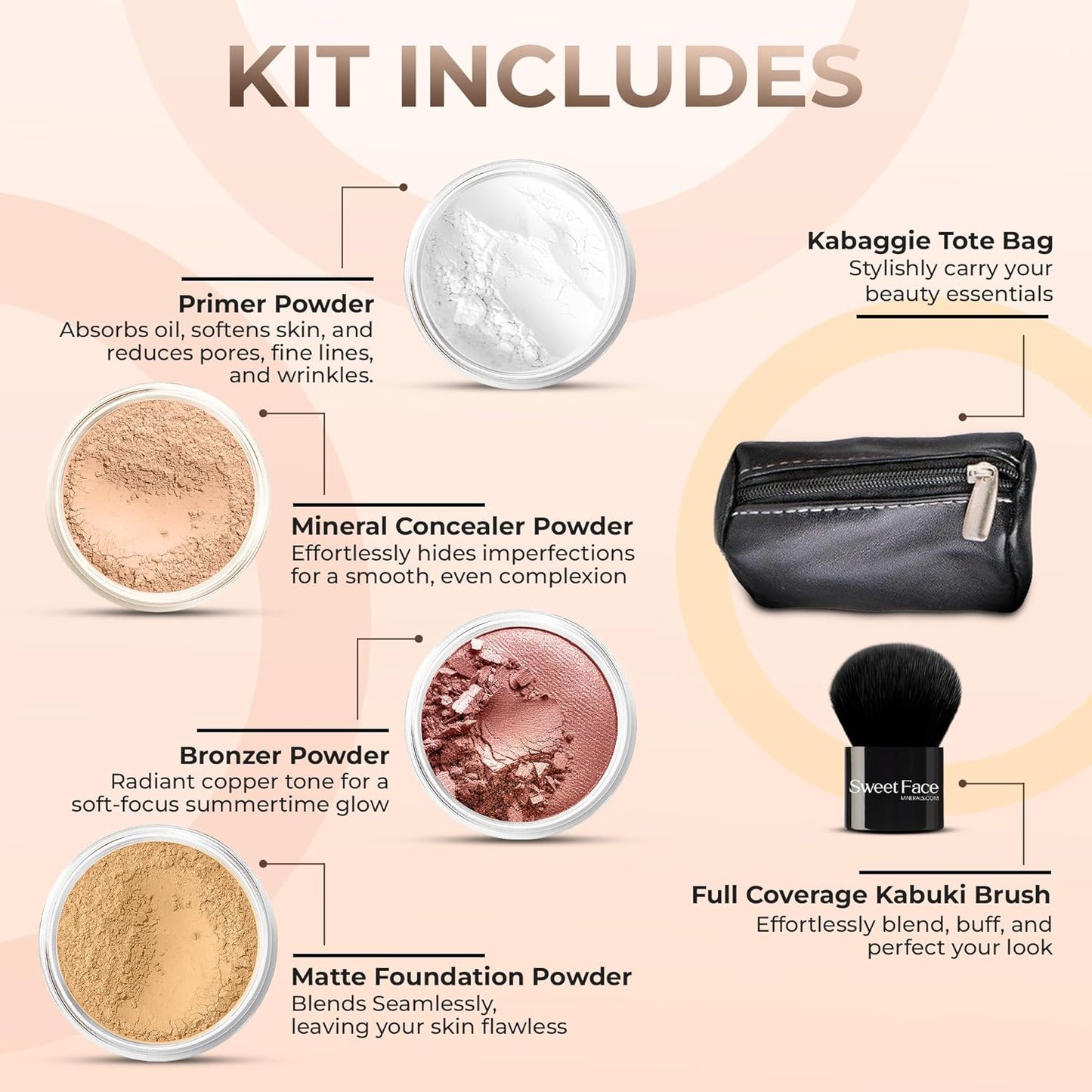Skiennix Kabuki & Kabaggie Tote Mineral Makeup Set - Full Size Matte Foundation & Sheer Powder (Beige)