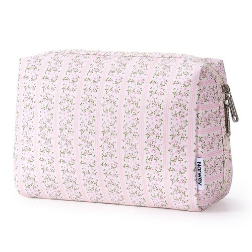 Narwey Cute Floral Makeup Bag - Travel Cosmetic Organizer with Compartments for Women | Large Pink Flower Buds