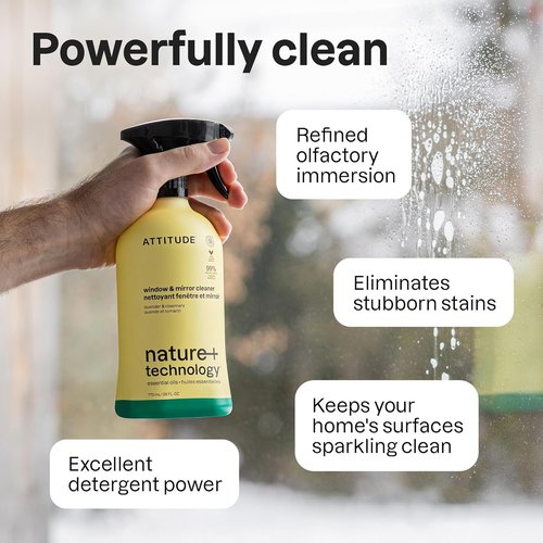 ATTITUDE Window & Mirror Cleaner Spray - Plant-Based, Streak-Free Formula, Lavender & Rosemary, 26 Fl Oz