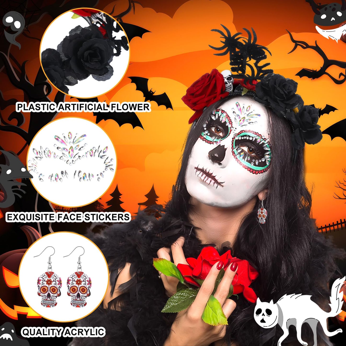 Riceshoot 3 Pcs Day of the Dead Costumes Accessories for Women Halloween Headbands Skull Earrings Gems(Spider Design)