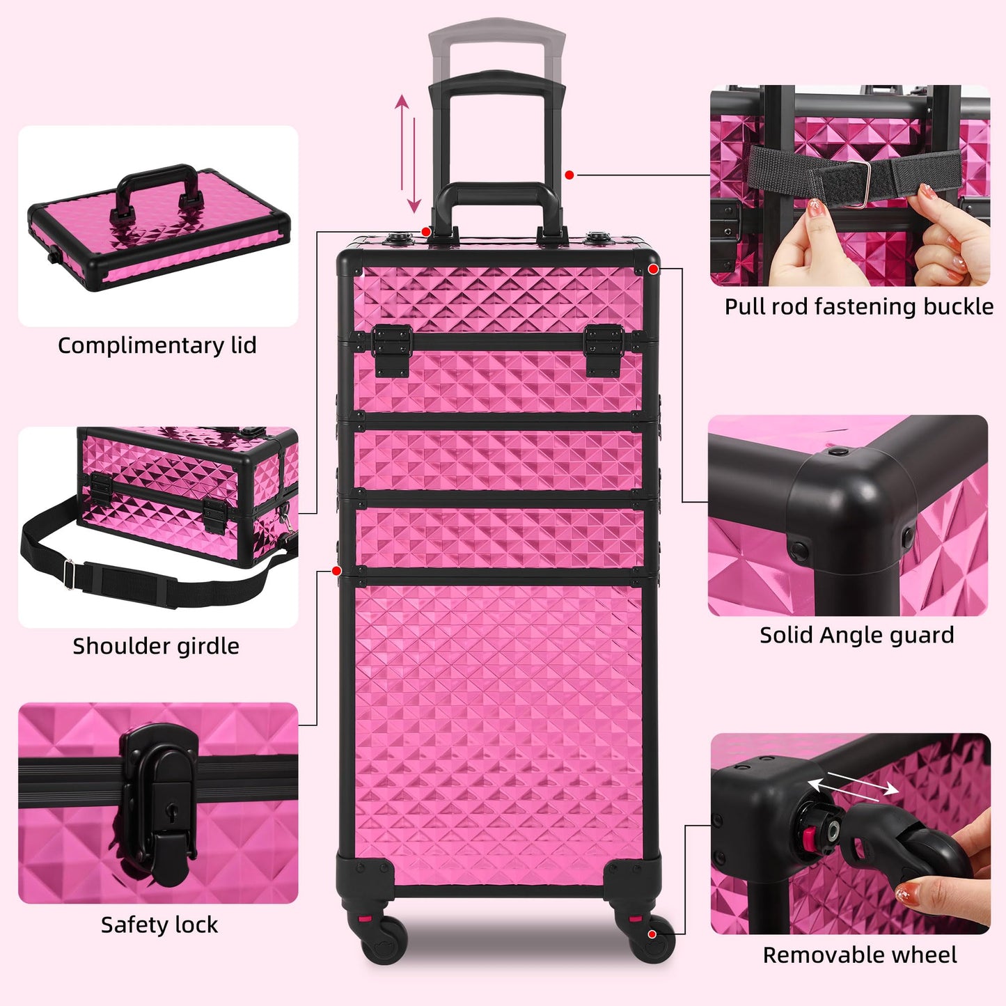 Somduy Rolling Makeup Case, Makeup Train Case with Lid, 5 in 1 Cosmetology Case on Wheels, Christmas Gift, Large Makeup Case Organizers, Profesional Cosmetic Case for Salon Barber, Rose Red