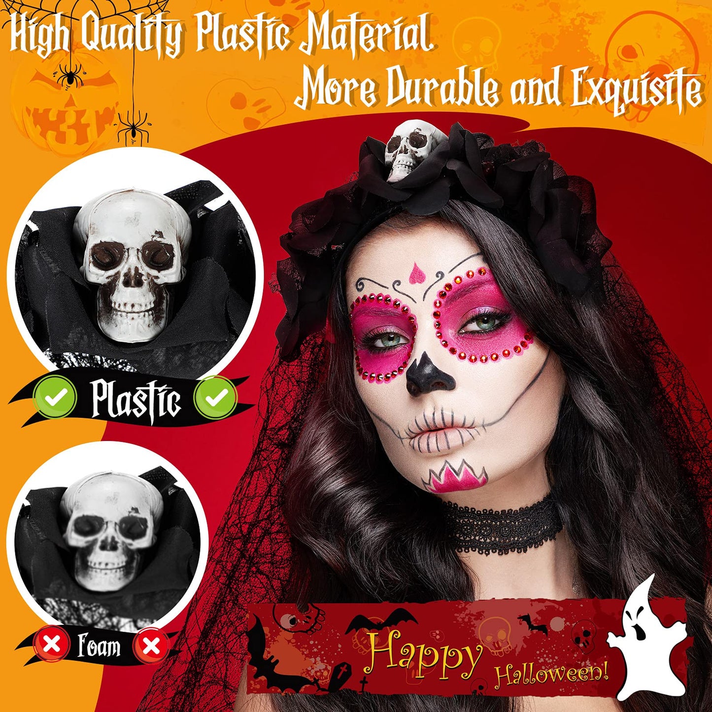 WILLBOND Day of The Dead Headband Halloween Mexican Veil Spider Headband with Halloween Face Tattoo Temporary Face Sticker (Elegant Style)