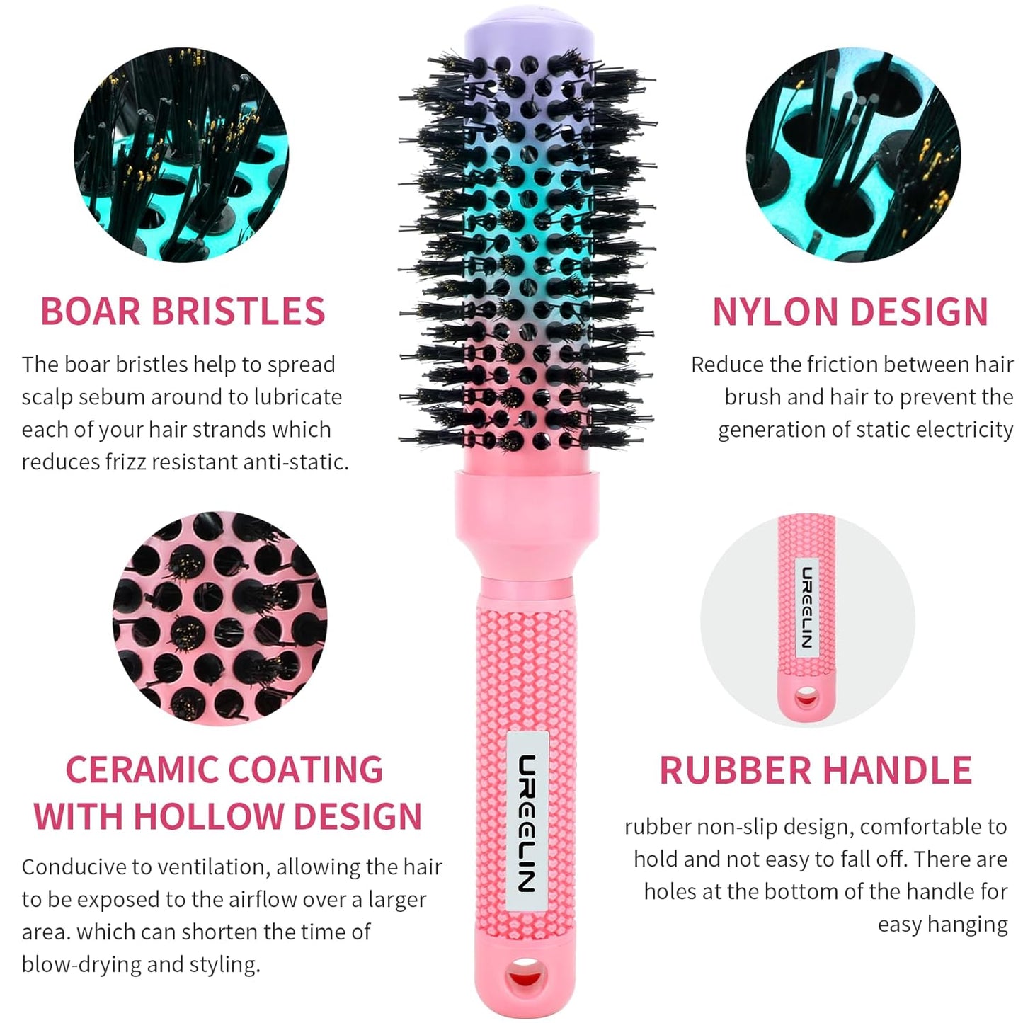 UREELIN Round Brush - 1.3 Inch Nano Thermal Ceramic & Ionic Hair Brush with Boar Bristles for Volumizing & Smooth Styling
