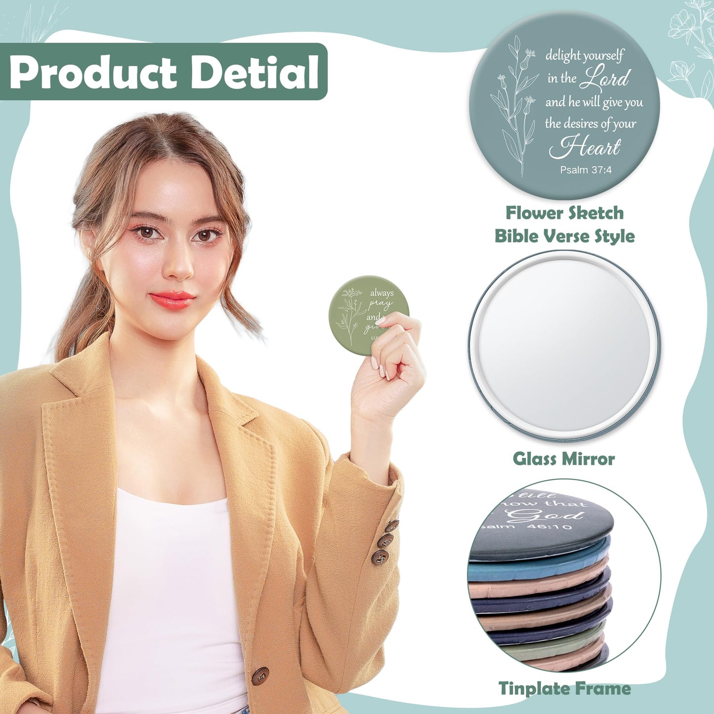 Y1tvei Mini Christian Compact Mirrors - 36Pcs Flower Sketch Art Bible Verse Compact Mirrors Bulk Small Portable Round Pocket Makeup Mirror Christian Inspirational Church Party Favors Gifts for Women