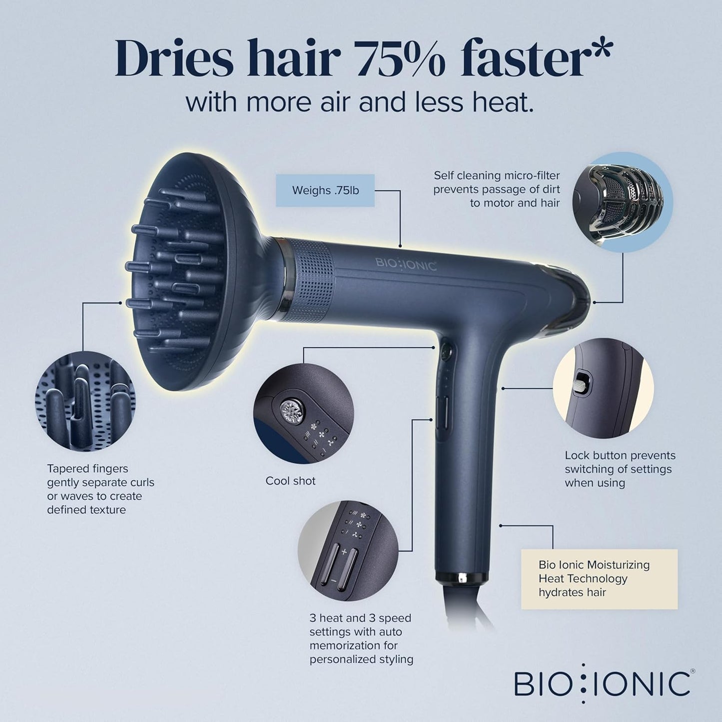 Bio Ionic Smart-X Hair Dryer - High-Efficiency Blow Dryer with Diffuser, 3 Heat & Speed Settings, Self-Cleaning Function
