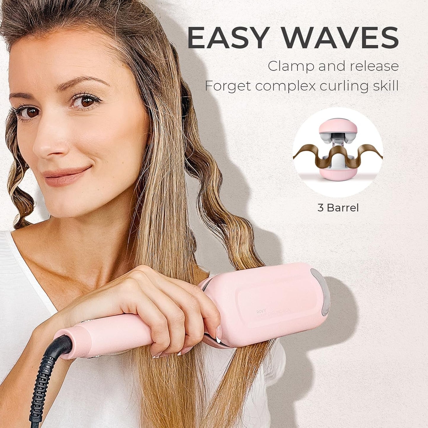 TYMO ROVY Curling Iron - Ionic 3-Barrel Hair Waver for Beach Waves, Anti-Scald, Pink, 1.25 Inch