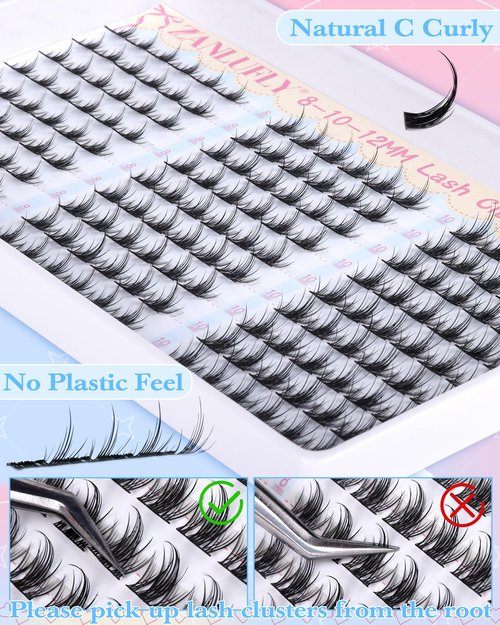 Natural Lash Clusters Kit 8-10-12mm Short Eyelash Clusters Kit Wispy Cluster Eyelash Extensions C Curly Individual Lash Extensions DIY Eyelash Extension with Lash Bond and Seal, Tweezers by ZANLUFLY