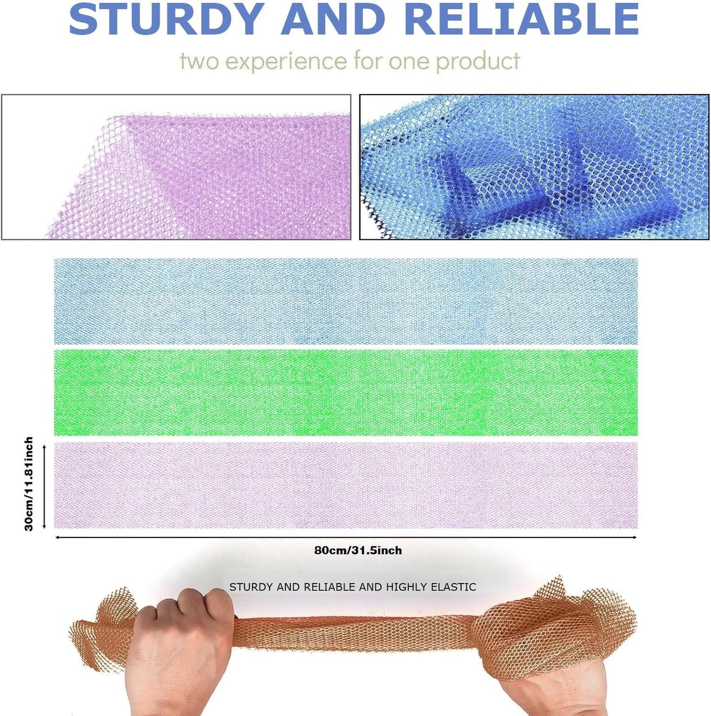 UJFQBH African Exfoliating Net - 3-Piece Bath Sponge Set for Smooth Skin | Purple, Blue, Green