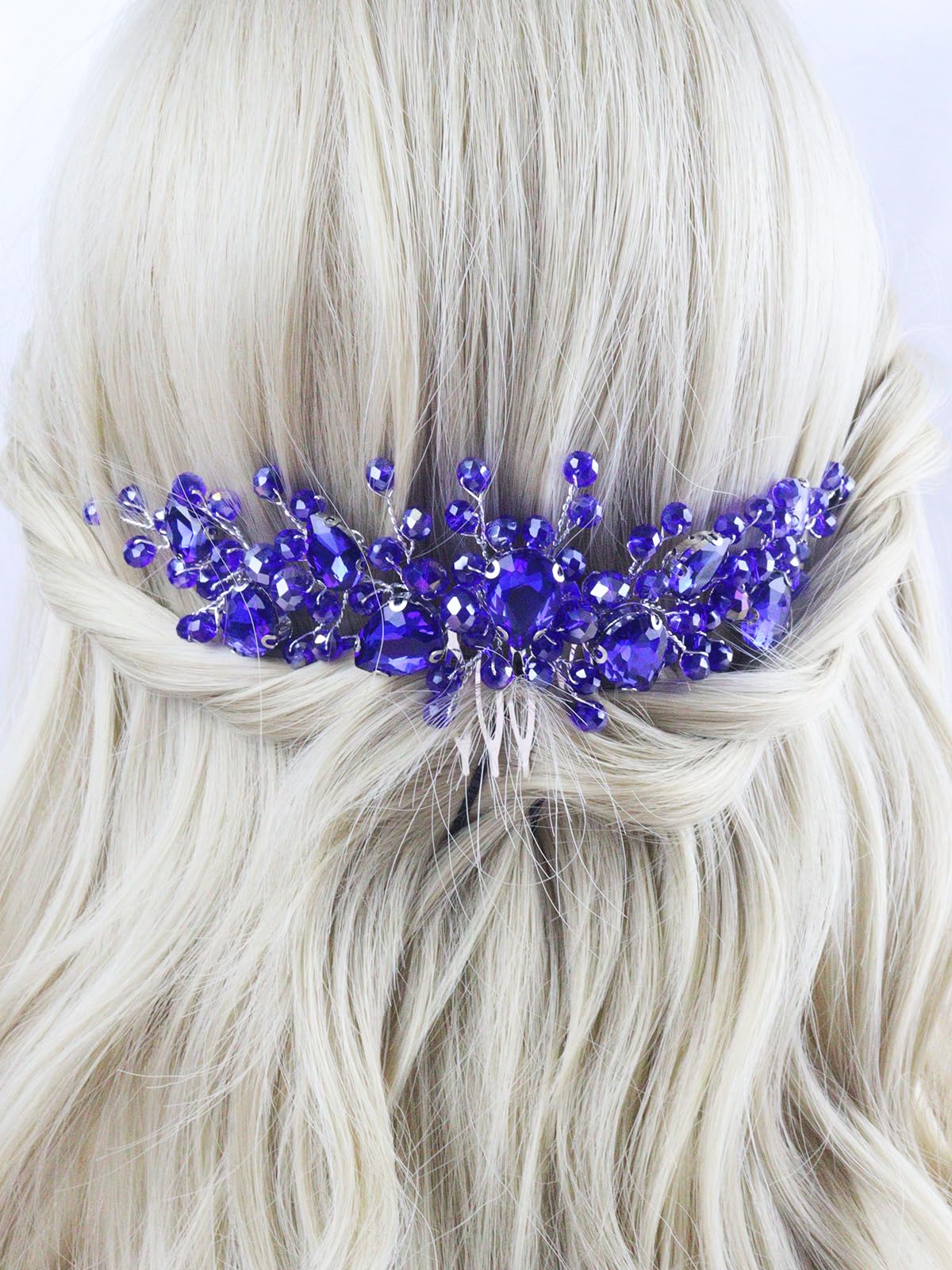 Brihasory Bride Wedding Hair Comb Rhinestone Bridal Hair Accessories Flower Hair Piece Party Prom Valentine Day Side Comb Crystal Hair Clips for Women and Girls Hair Decoration(Blue)