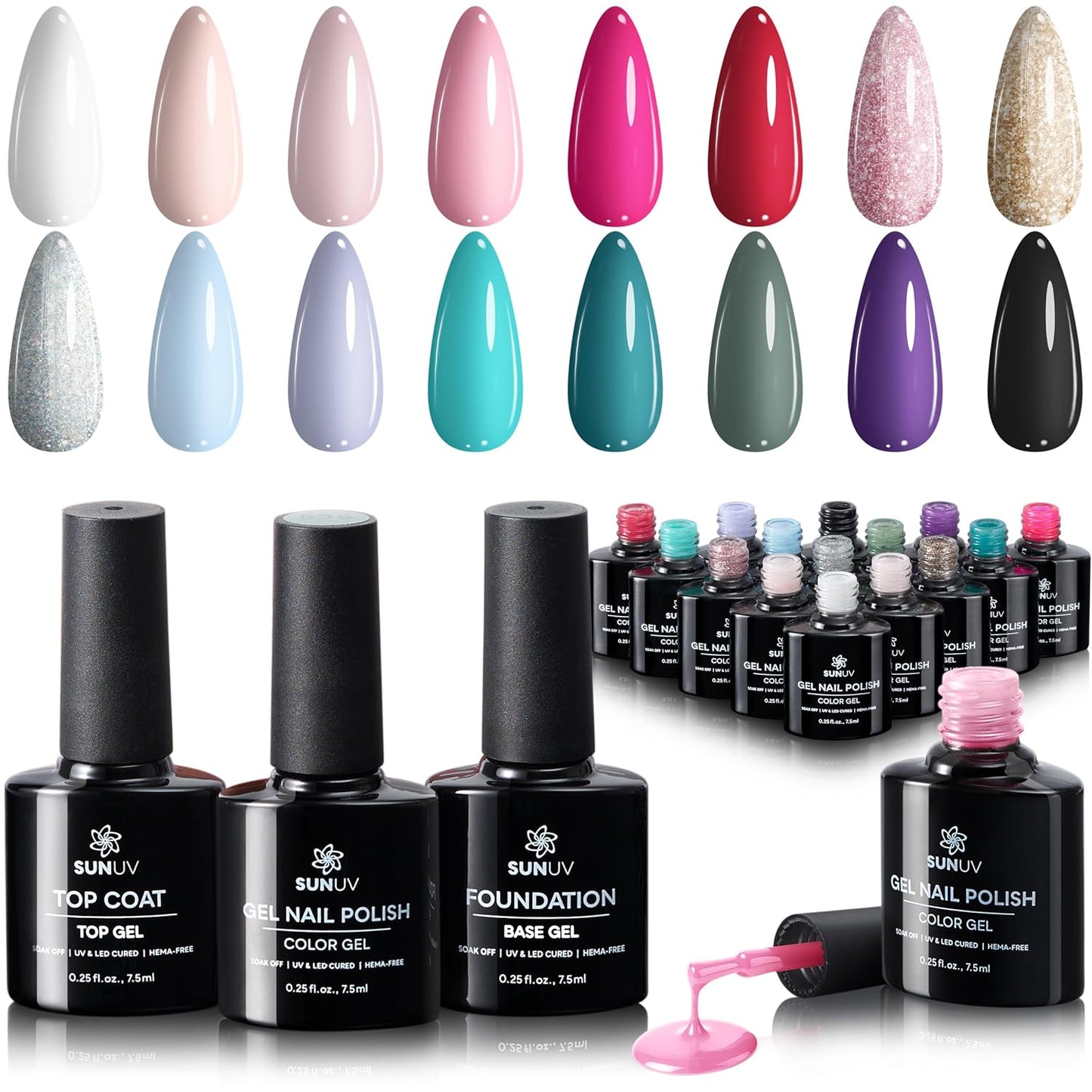SUNUV Gel Nail Polish Kit - 16 Vibrant Colors with Base & Top Coat | Perfect for DIY Manicure at Home