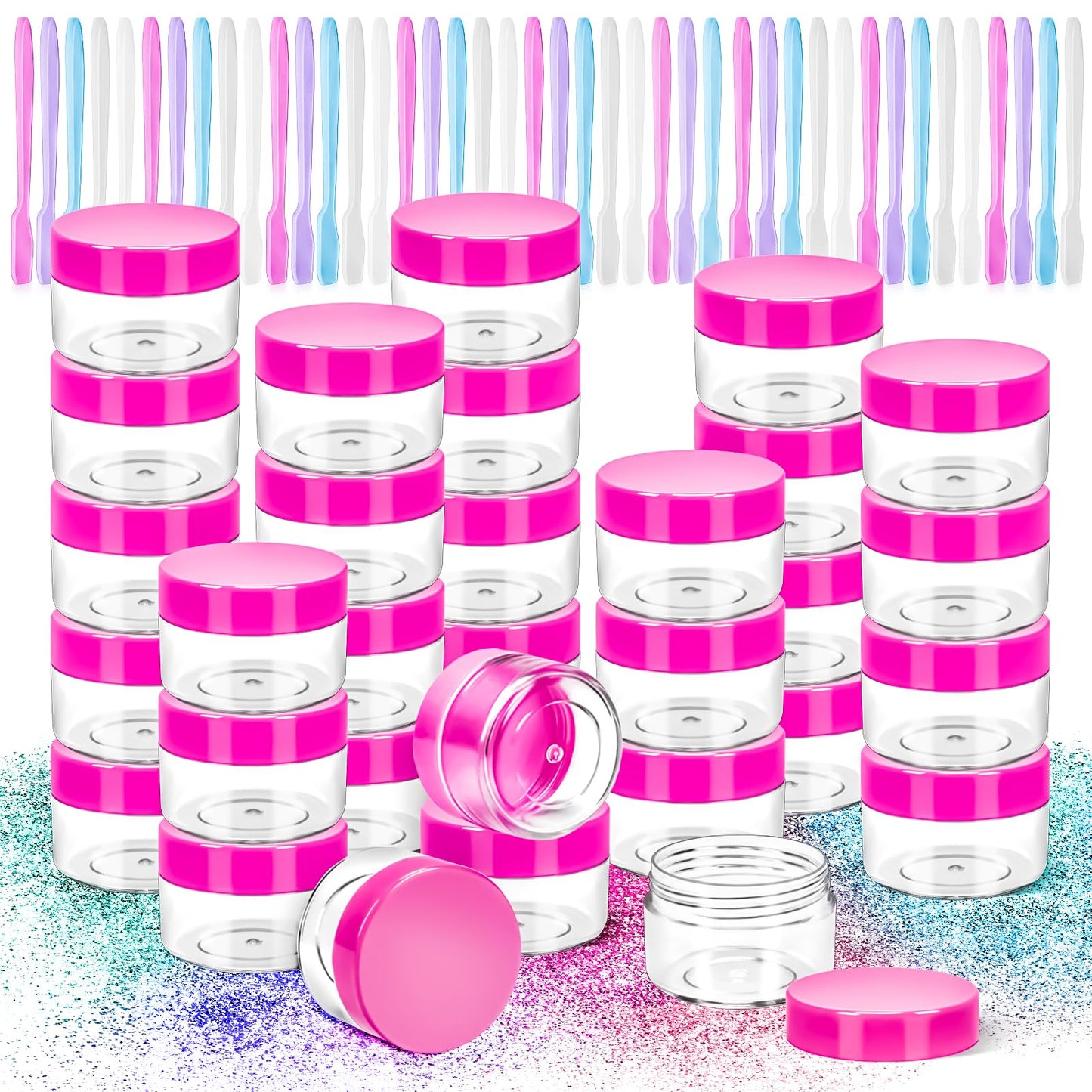 MotBach 40Pack 15g Small Plastic Cosmetic Containers with Lids, 15gram Plastic Makeup Containers Jars with Spatulas, 15ml Sample Jars Travel Size Containers for Toiletries Lip Balm Cream Slime Lotion