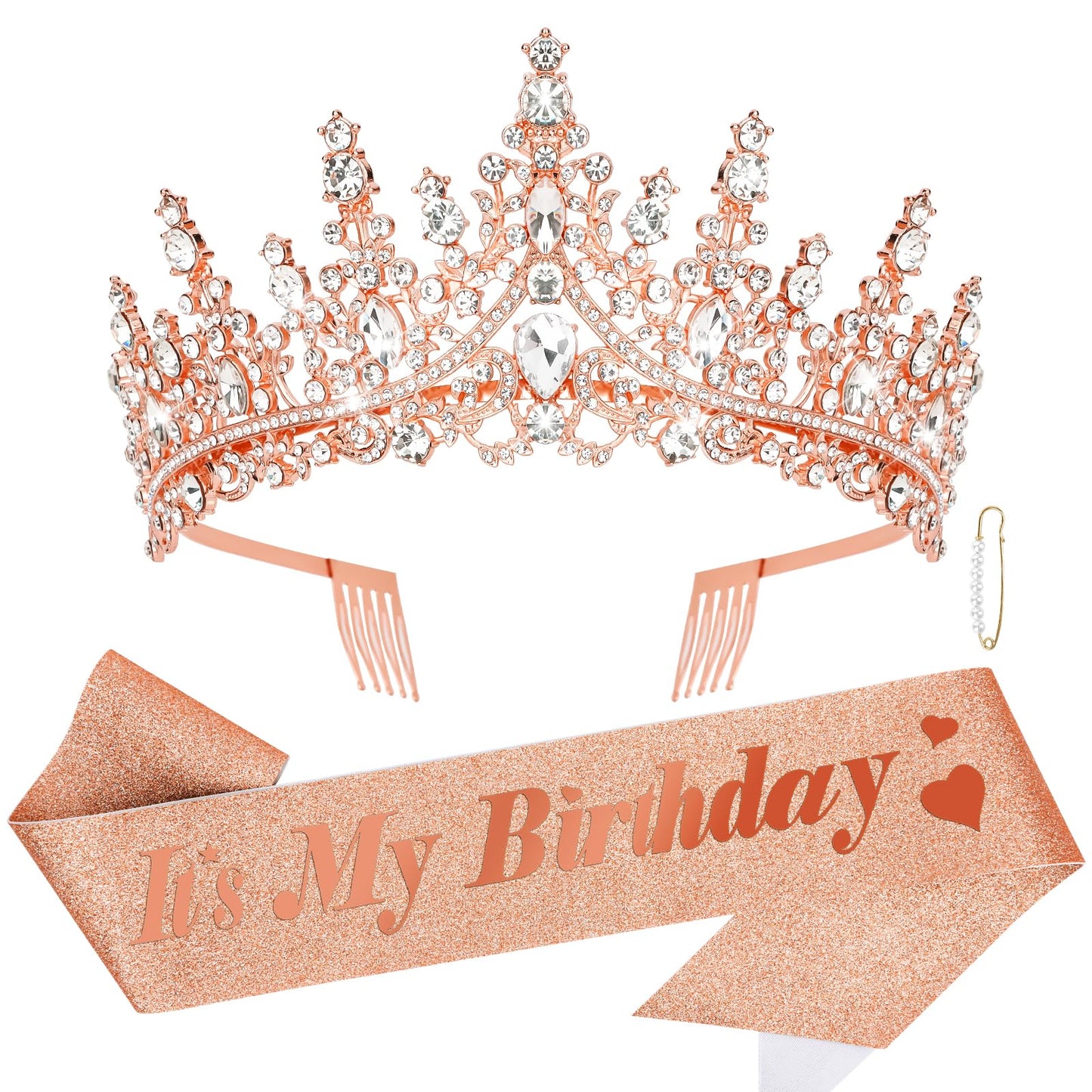 CURASA Birthday Sash and Crown Rose Gold Birthday Sash for Women Birthday Crown Adult Women Giltter Its My Birthday Sash Birthday Tiara for Women Girls Birthday Decoration Party Favors Gifts