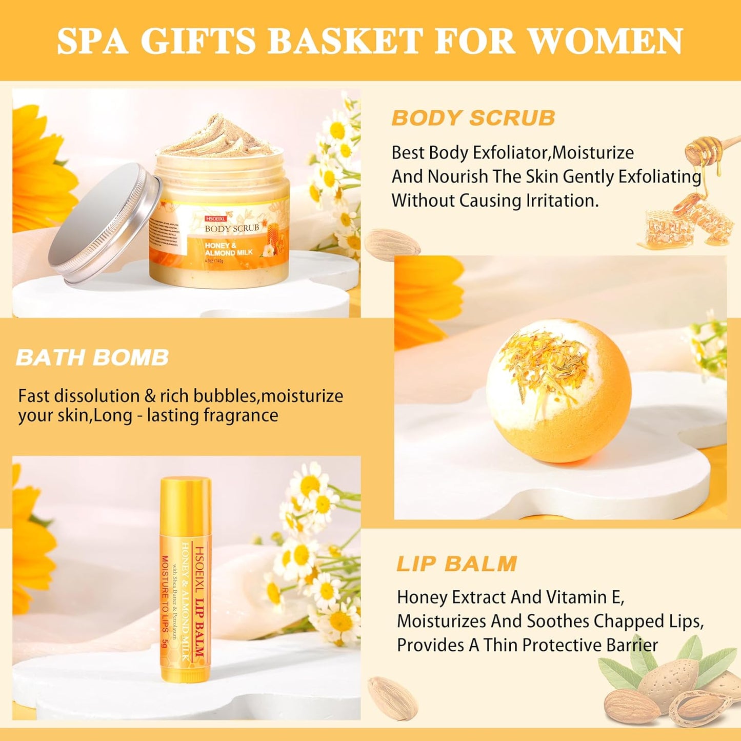 Skiennix 9-Pc Almond Milk & Honey Bath Gift Set - Relaxing Spa Essentials for Women | Perfect Birthday Gift