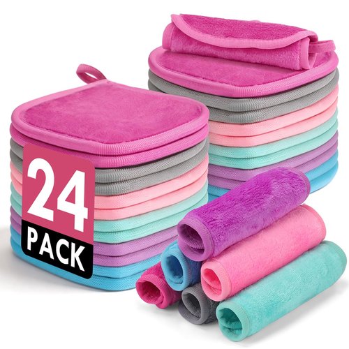 Reusable Makeup Remover Cloths 24 Pack, 6.5"x6.5" Super Soft Microfiber Face Towels for All Skin Types, Portable Cleansing Cloths Remove Makeup with Just Water