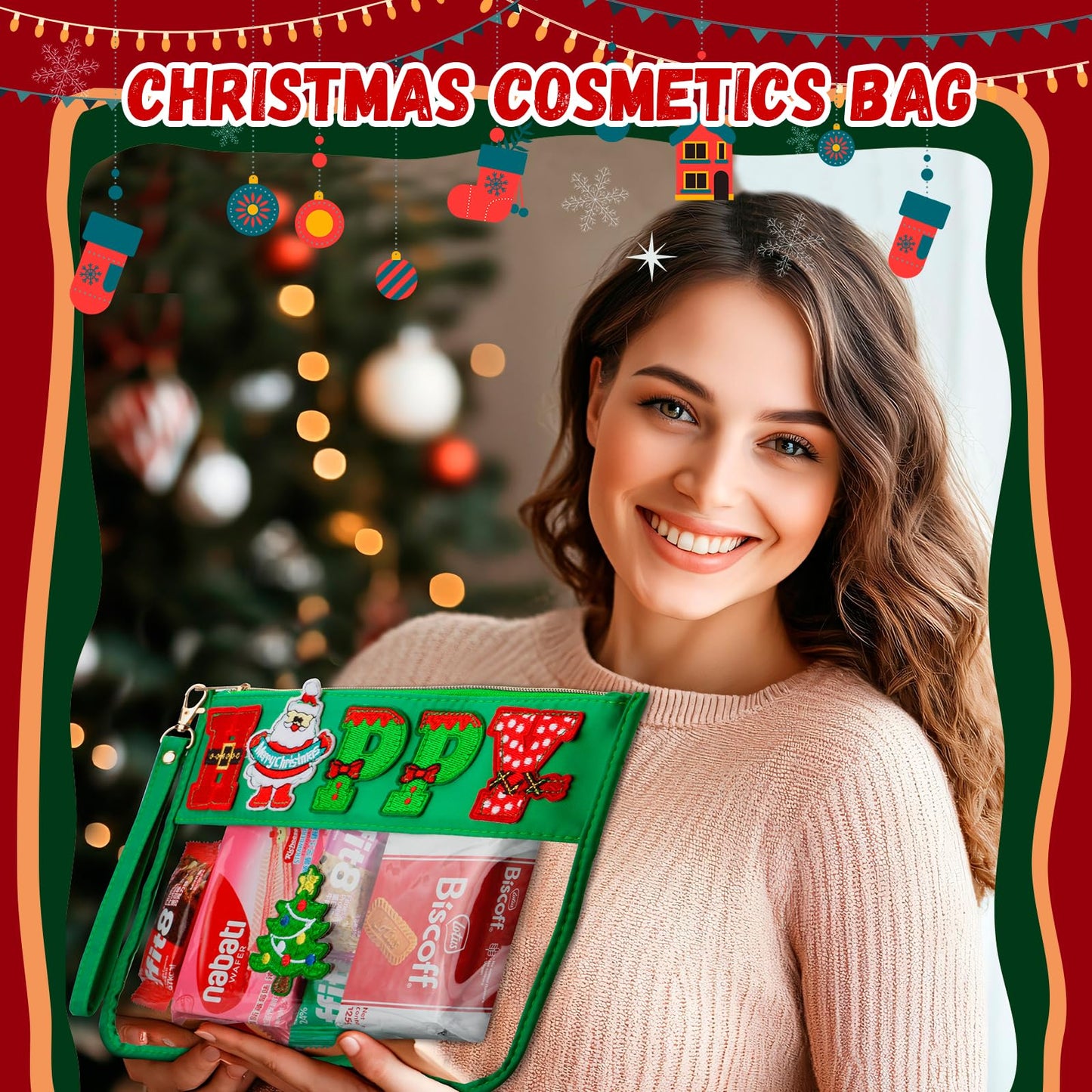 BuyCard 2 Pcs Christmas Gifts Cosmetic Makeup Bag with Chenille Letter Patch, Clear Pouch PVC Organizer Purse, Waterproof Travel Bag, Happy Santa Toiletry Storage Bag for Her Girls Friends Women