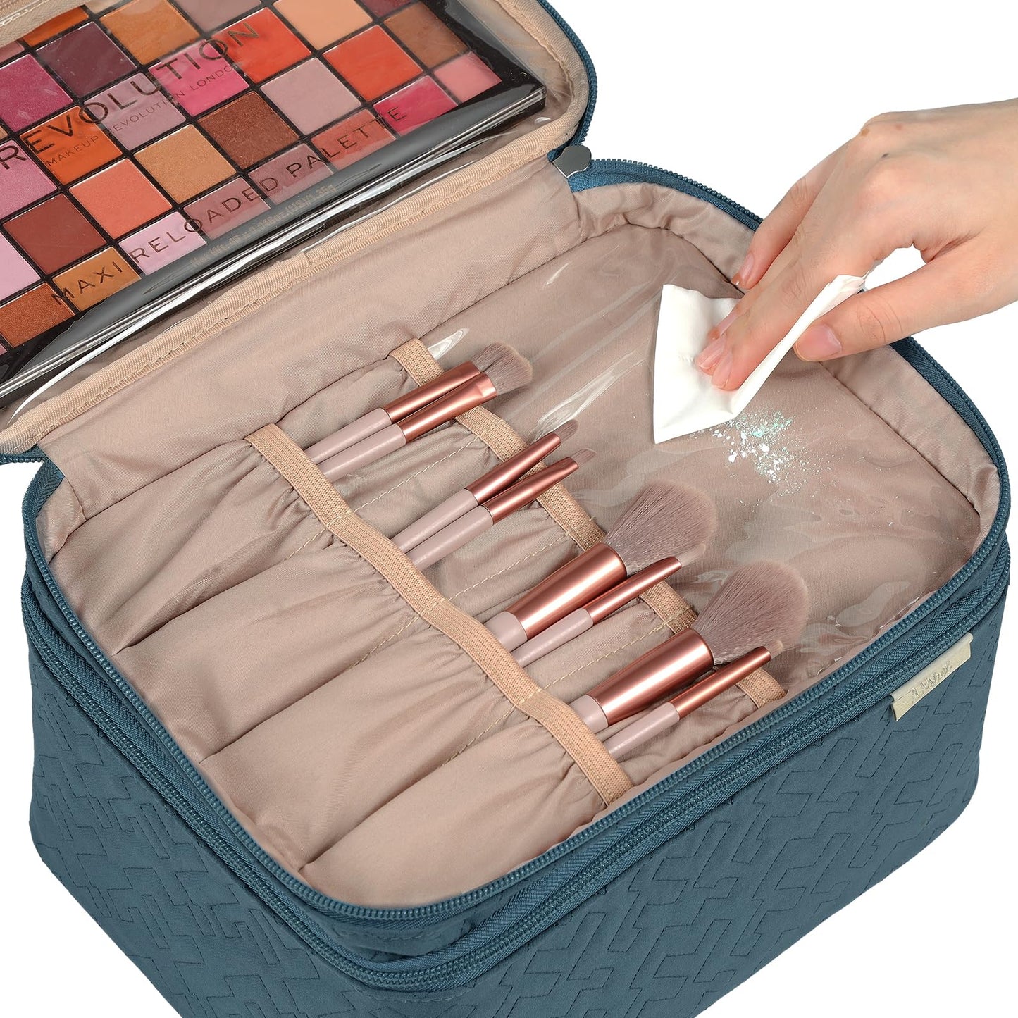 NISHEL Large Double Layer Travel Makeup Bag Women, Cosmetic Case, Organizer for Travel-Size Accessories Bottles, Brushes, Conditioner, and Skin Care Products, Lake Blue