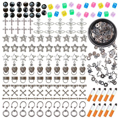 BBATT-HAPPY 170PCS Nail Charms for Acrylic Nails,Silver Star Planet Cross Door Handle Billiards Dice Mechanical Parts Alloy Resin Nail Art Accessories,Nail Jewels for Nail Art Supplies Craft DIY