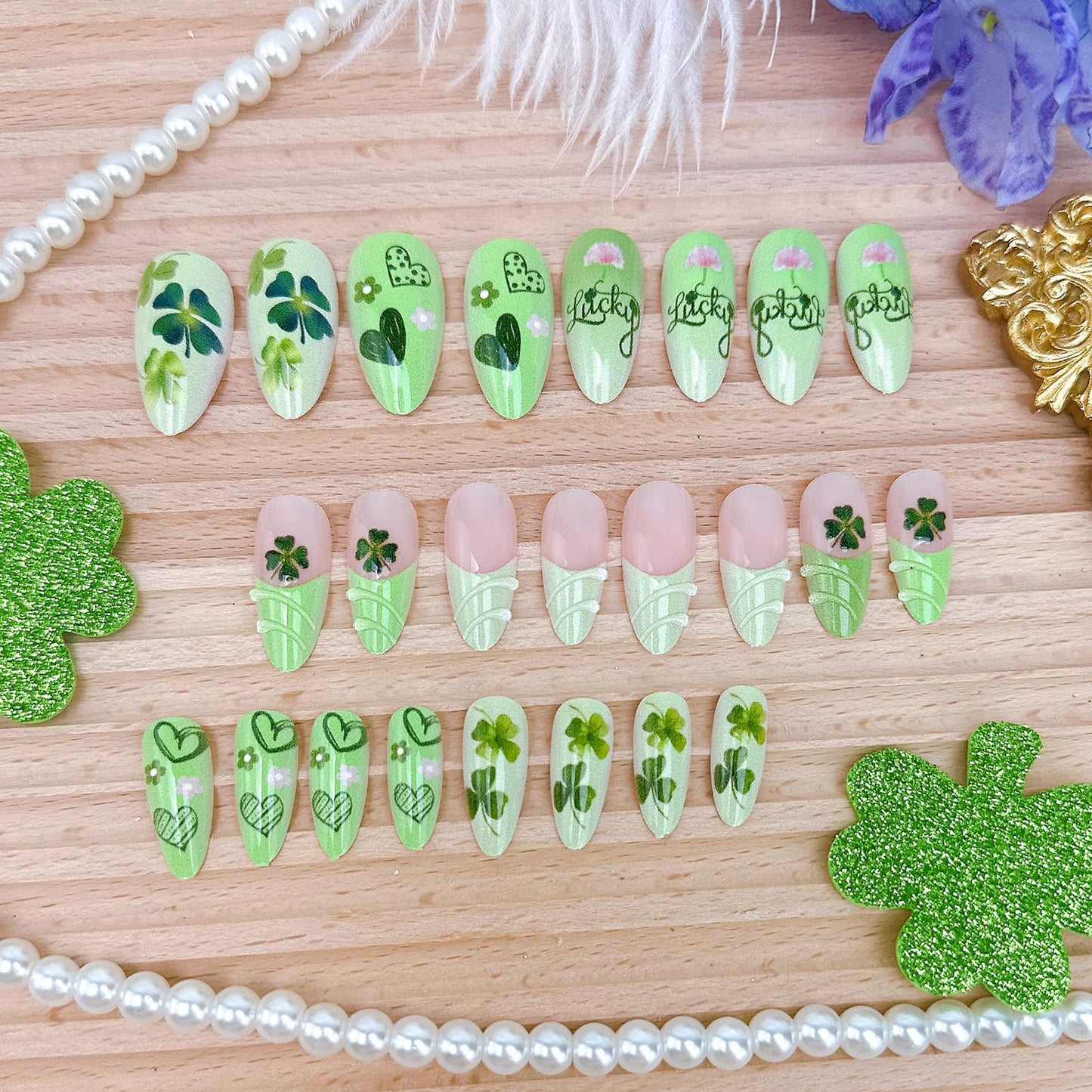 24Pcs St Patrick's Day Press on Nails Short Square Gold French Tip Fake Nails with Gold Rhinestones Horseshoe Rainbow Shamrocks False Nails St Patricks Day Acrylic Nails Irish Stick on Nails for Women