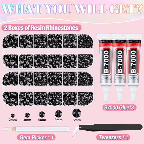 Resin Rhinestones for Crafting with 3Pcs 10ml B7000 Jewelry Glue, 2 Boxes Black Flatback Gems Crystals Diamond for Bedazzling Crafts DIY Nail Art Makeup,Gems for Clothing Tumblers Shoes