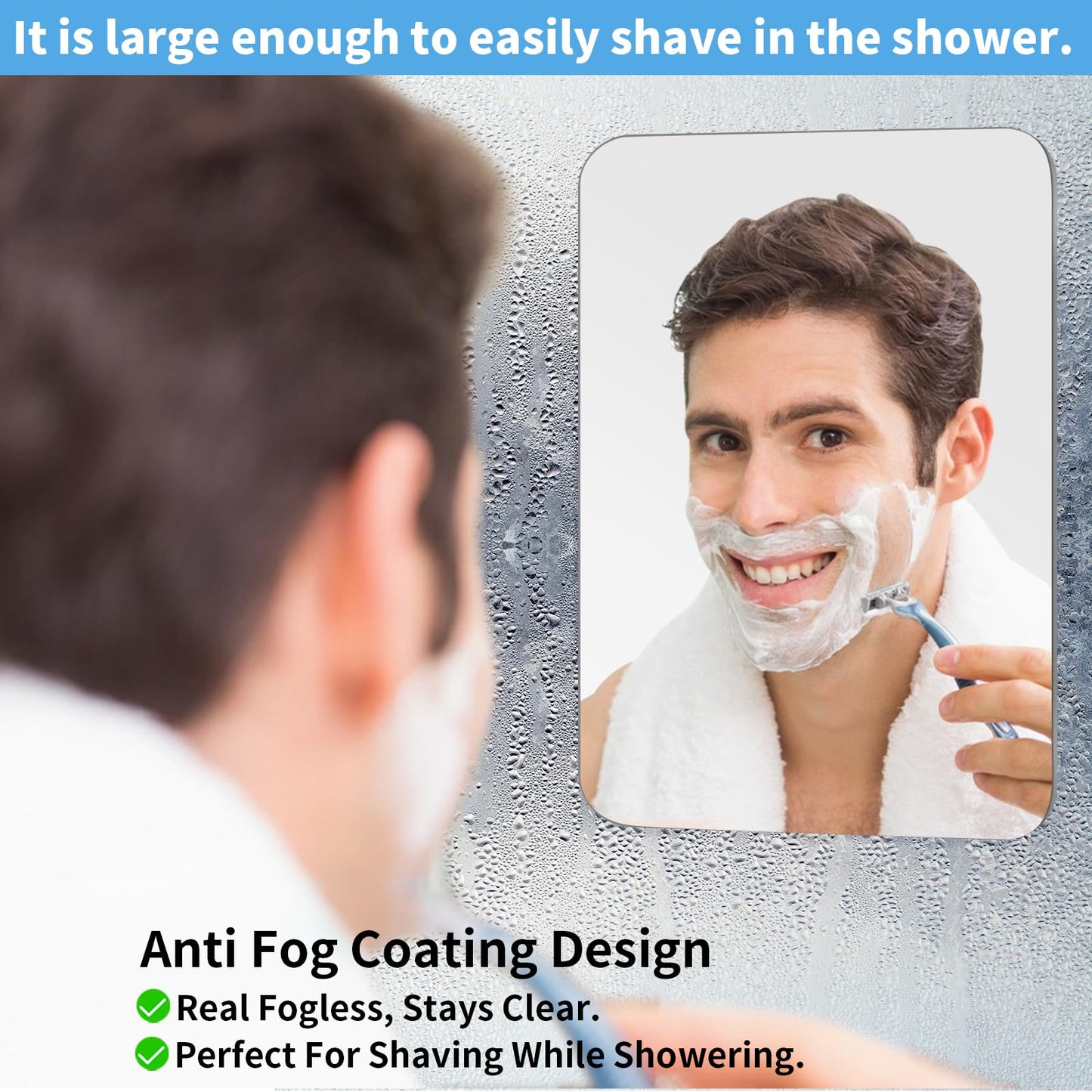 EUAIAJ Shower Mirror Fogless Shaving Large(10.3x7.9in) - Includes 2 Razor Holders & 2 Mirror Holders, Unbreakable & Easy Install & NO-Drilling, Fog Free (No Fog) Shower Mirror for Shaving