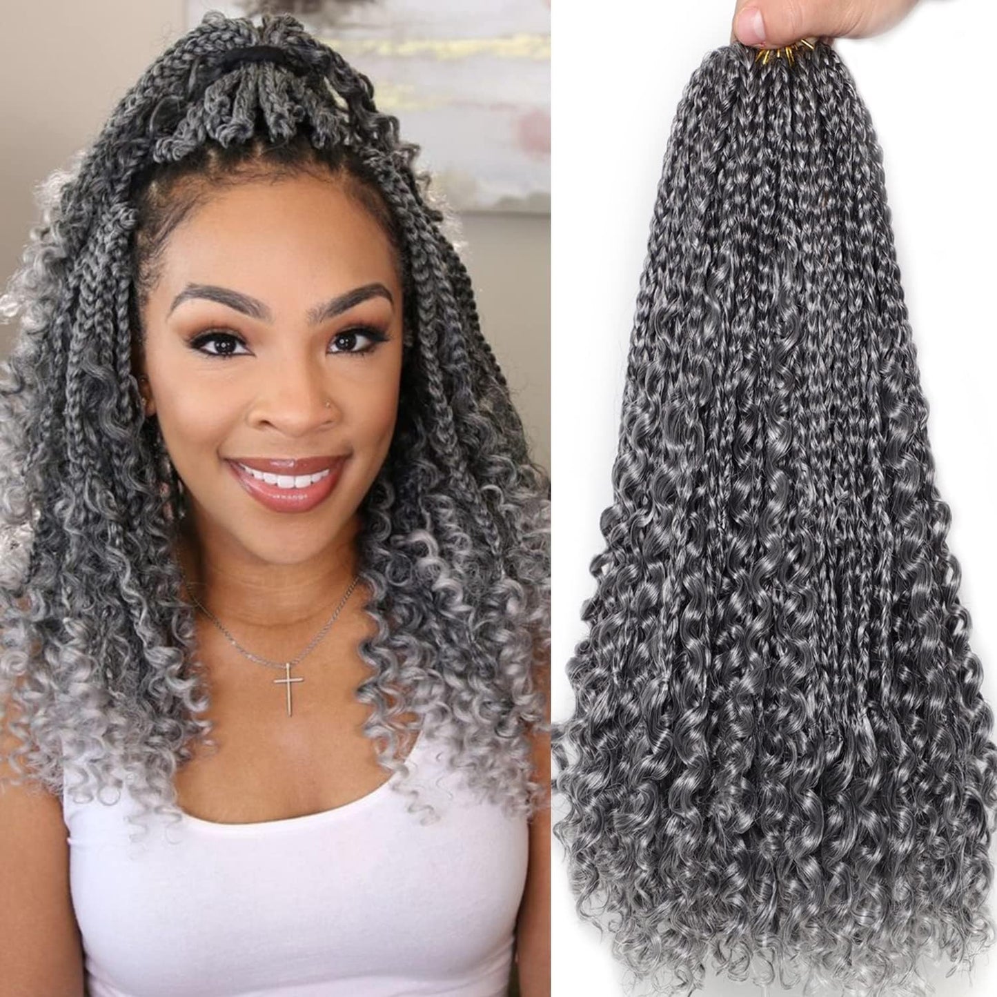 Grey Crochet Hair for Black Women 14 Inch 7 Packs Boho Box Braids Crochet Hair Pre Twisted Twist Crochet Hair Synthetic Crochet Hair with Curly Ends Goddess Braiding Hair(14 Inch, 7Packs, Gray)