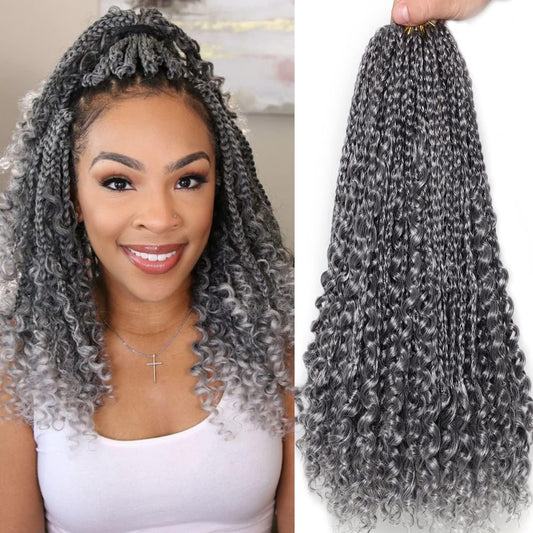 Grey Crochet Hair for Black Women 14 Inch 7 Packs Boho Box Braids Crochet Hair Pre Twisted Twist Crochet Hair Synthetic Crochet Hair with Curly Ends Goddess Braiding Hair(14 Inch, 7Packs, Gray)