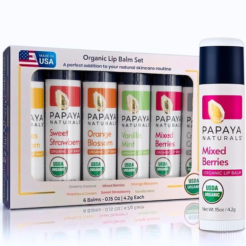 Papaya Naturals Organic Lip Balm Set - 6 Pack of Moisturizing Beeswax & Cocoa Butter Balms | Assorted Fruit Flavors