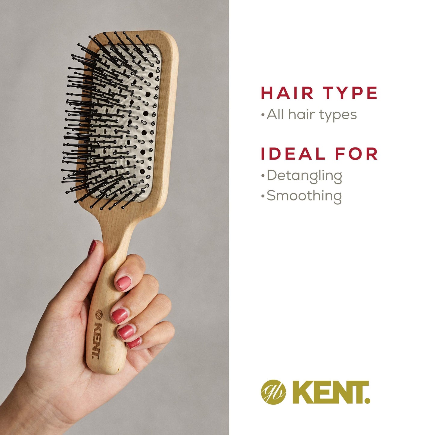 Kent LPF2 Large Cushion Paddle Hair Brush, Vented Taming Fine Pins Hair Detangle Brush for Long Thick and Curly Hair, Scalp Massager and Growth Stimulator Wet or Dry Hair Detangling. Made in England