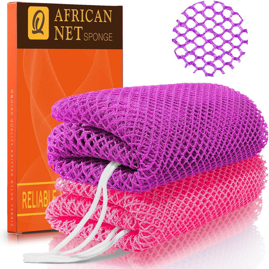 UJFQBH Exfoliating Body Scrubber - Authentic African Net Sponge Set for Deep Cleansing | 2-Piece (Rose Red & Purple)