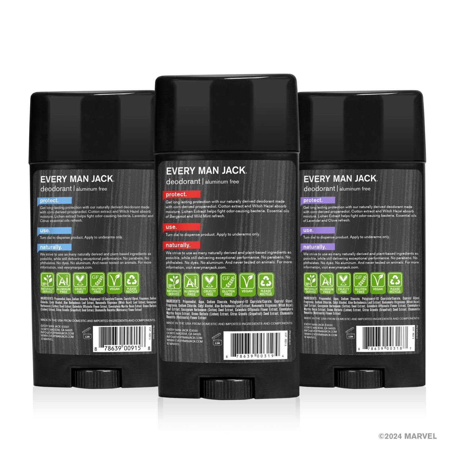 Every Man Jack Marvel Deodorant Variety Set - Includes Three Deodorants with Clean Ingredients & Incredible Scents - Spider-Man Fresh Air, Black Panther Wakanda Herbs, Captain America Citrus Flight