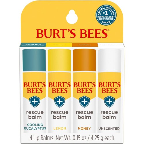 Burt's Bees Natural Rescue Lip Balm - Cooling Eucalyptus & Lemon | 4 Tubes, Perfect for Hydration