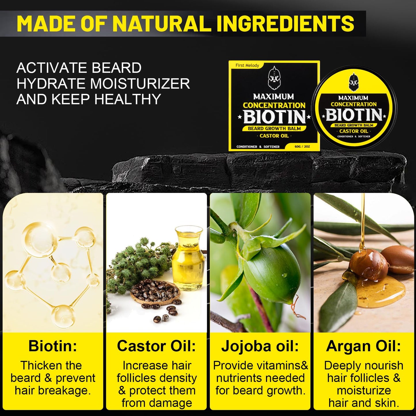 First Melody Beard Balm, Maximum Concentration BIOTIN, with Castor Oil and Argan & Jojoba Oils, Promotes Beard Growth, Styles, Strengthens & Softens Beards & Mustaches, 2 Ounce，Sandalwood