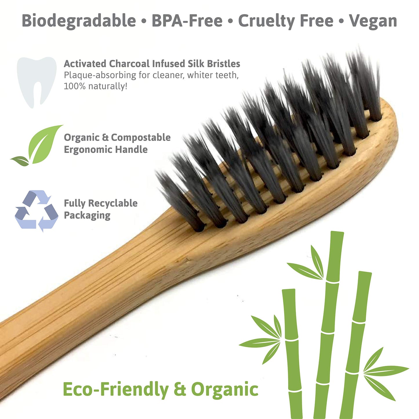 Organic, BPA-Free Bamboo Toothbrush - Biodegradable, Environment-Friendly, Natural, Compostable, Vegan - Clean Teeth, Clean Conscience, Good Oral and Heart Health (16-Pack, Black - Soft Bristle)