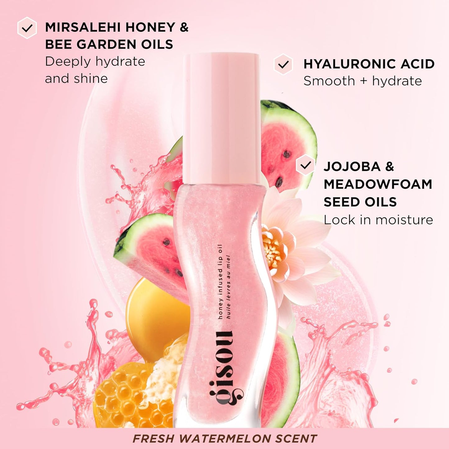 Gisou Honey Infused Lip Oil - Hydrating Glossy Formula with Mirsalehi Honey & Jojoba Oil | Watermelon Sugar, 0.27 Fl Oz