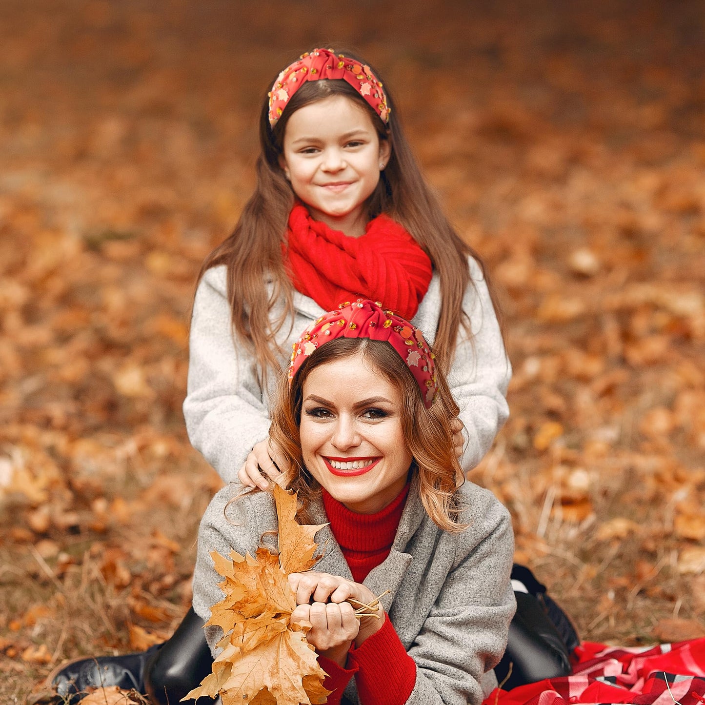 PANTIDE Thanksgiving Fall Jeweled Knotted Headband - Pumpkin Maple Leaf Rhinestone Crystal Embellished Headband Wide Top Knot Fashion Hairband Autumn Birthday Gift for Women Girls (Pumpkin Maple Leaf)